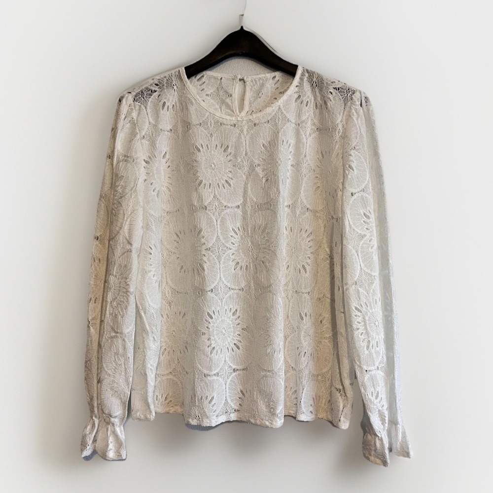 Cupshe Blouse Womens XXL White Floral Lace Sheer Long Sleeve Boho Pullover Top